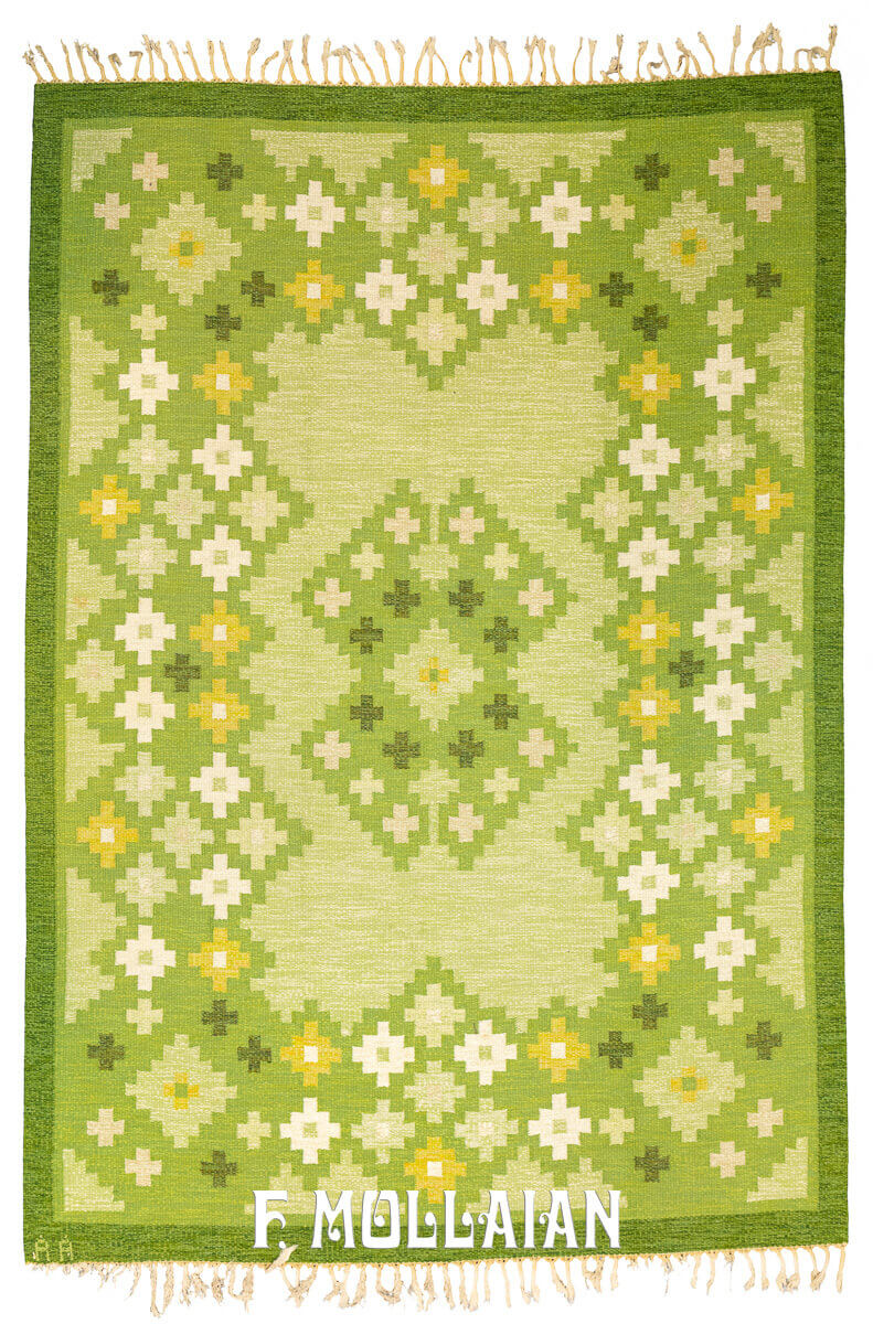 Kilim Suédois en Laine Verte Signé Rollakan n°:512174